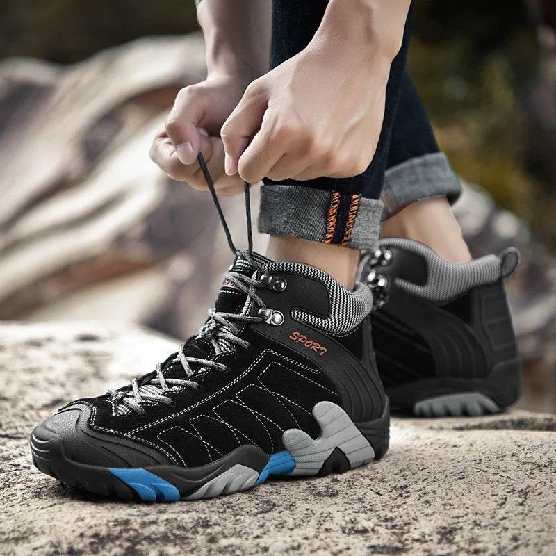 Black Genuine Leather Trekking Boots For Men Outdoor High Top Camping Hunting Boots Men Comfort Winter Warm Hiking Shoes Sneaker - KICKSTART