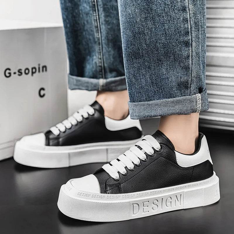 Fashion Design Men's Skateboard Shoes Comfortable Leather Low-cut Platform Sneakers Men Trend Black Casual Sports Shoes For Men - KICKSTART