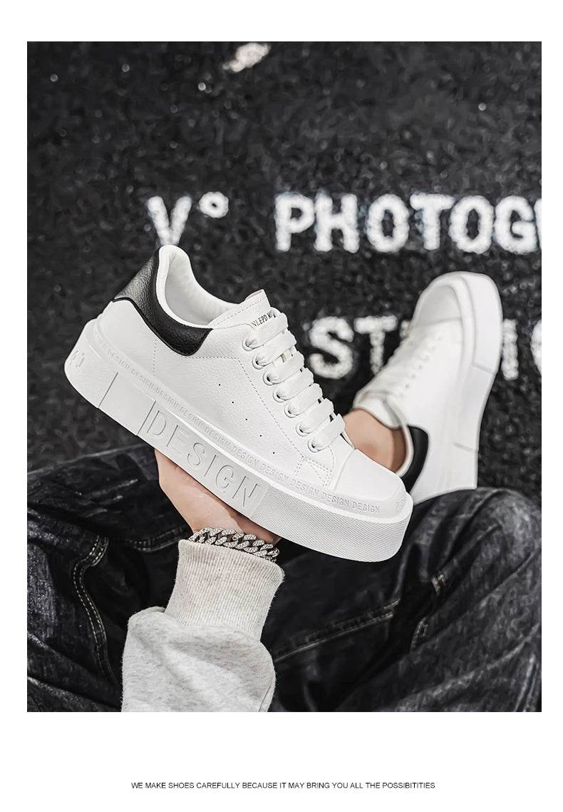 Fashion Design Men's Skateboard Shoes Comfortable Leather Low-cut Platform Sneakers Men Trend Black Casual Sports Shoes For Men - KICKSTART