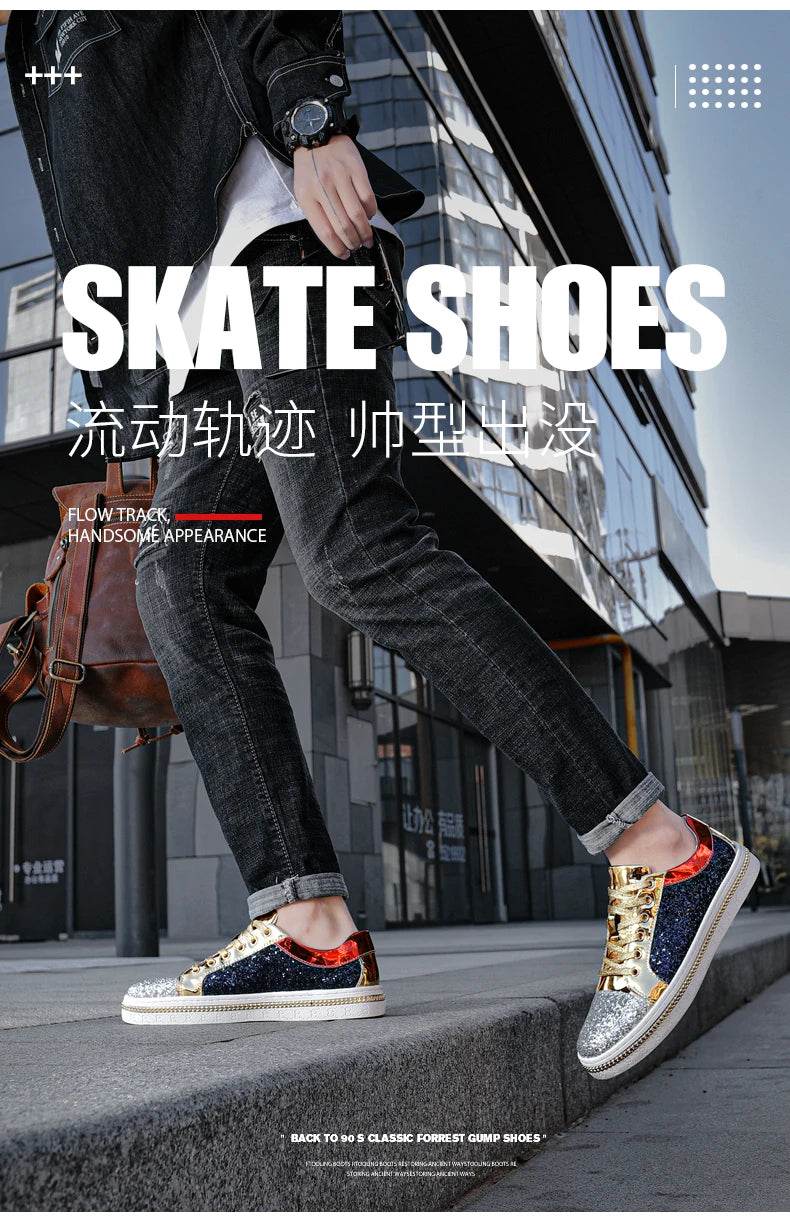 High-Quality Couples Luxury Sequined Shoes Trend Color Matching Low Skateboard Sneakers Man Comfortable Soft Shiny Shoes For Men - KICKSTART