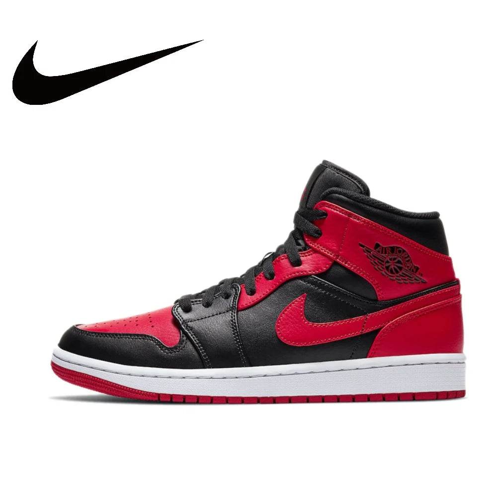 Nike Original Air Jordan 1 Mid Mens Retro Classic Basketball Sneakers Classic Black and Red Colorway - KICKSTART