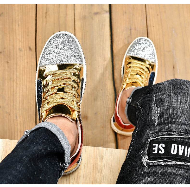 High-Quality Couples Luxury Sequined Shoes Trend Color Matching Low Skateboard Sneakers Man Comfortable Soft Shiny Shoes For Men - KICKSTART