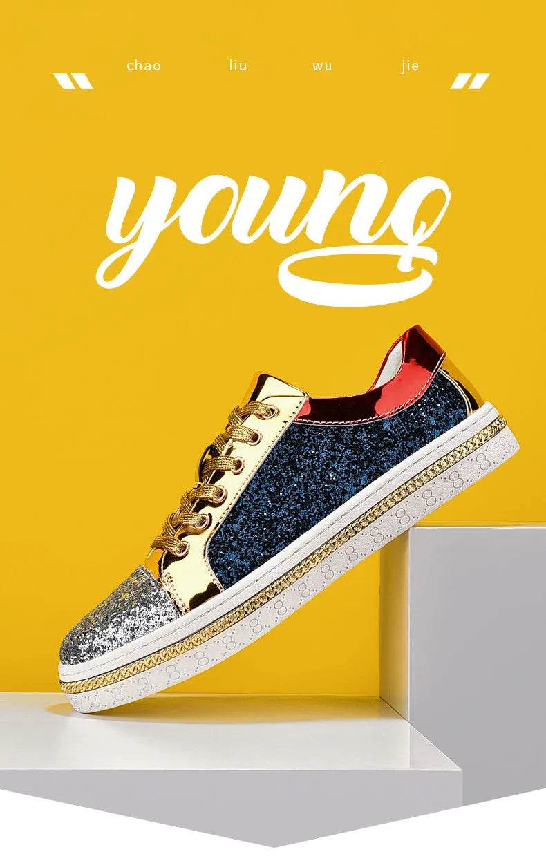 High-Quality Couples Luxury Sequined Shoes Trend Color Matching Low Skateboard Sneakers Man Comfortable Soft Shiny Shoes For Men - KICKSTART