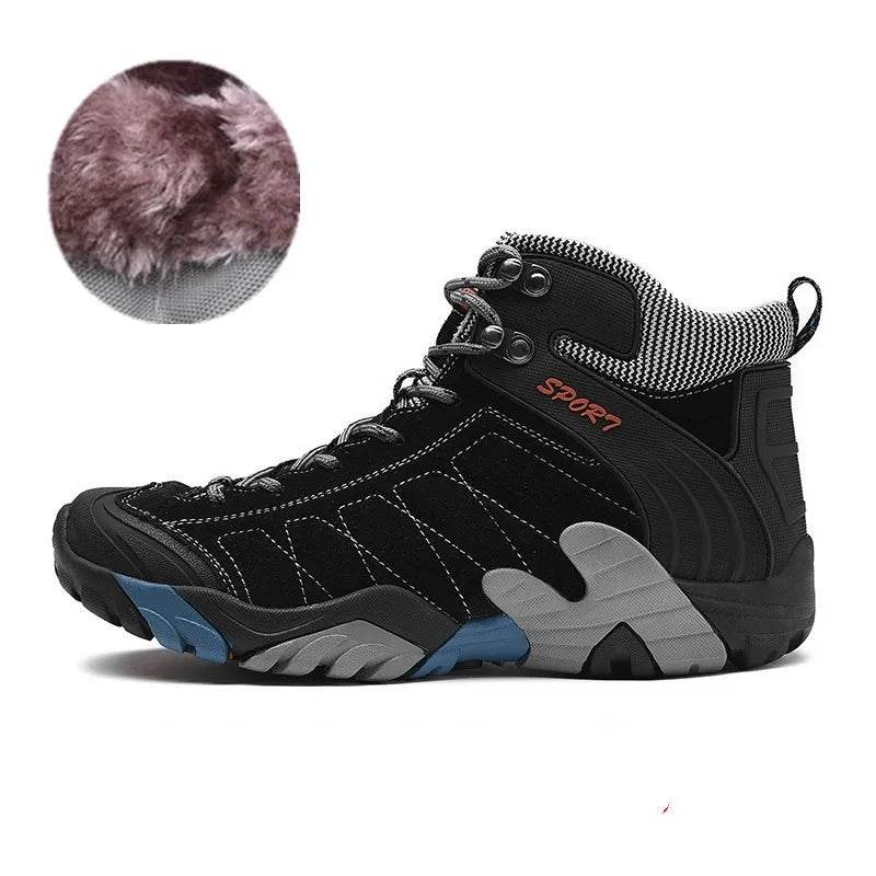 Black Genuine Leather Trekking Boots For Men Outdoor High Top Camping Hunting Boots Men Comfort Winter Warm Hiking Shoes Sneaker - KICKSTART