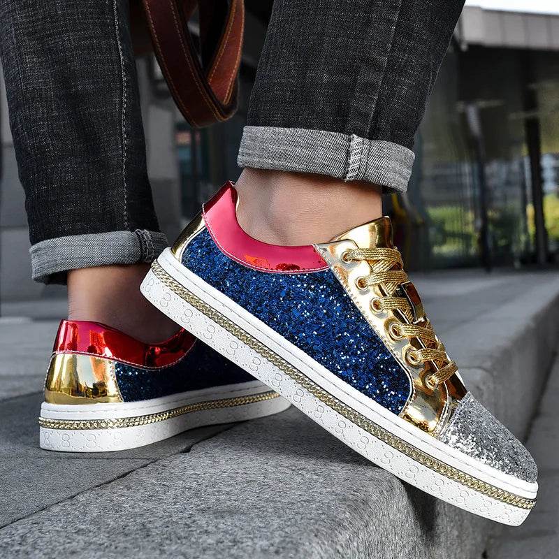 High-Quality Couples Luxury Sequined Shoes Trend Color Matching Low Skateboard Sneakers Man Comfortable Soft Shiny Shoes For Men - KICKSTART