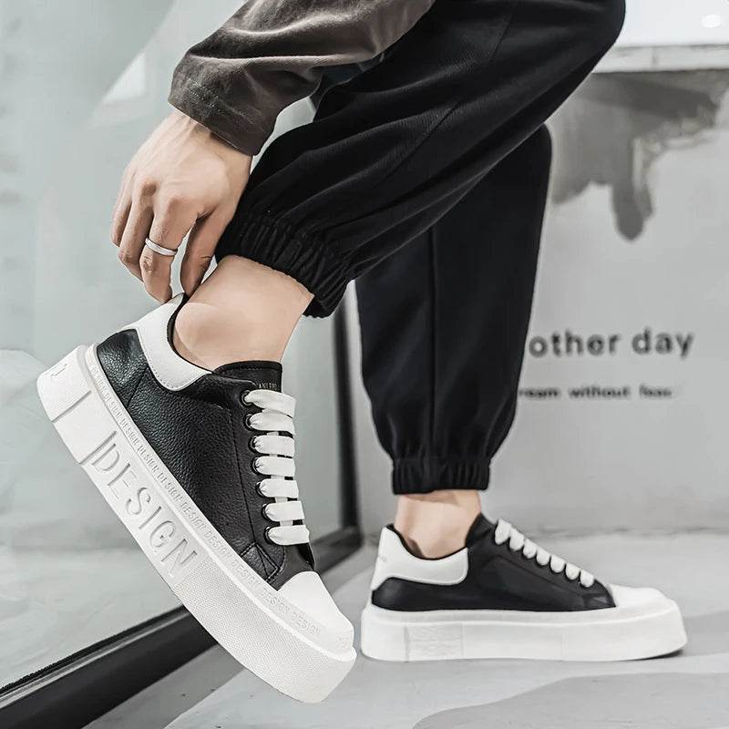 Fashion Design Men's Skateboard Shoes Comfortable Leather Low-cut Platform Sneakers Men Trend Black Casual Sports Shoes For Men - KICKSTART