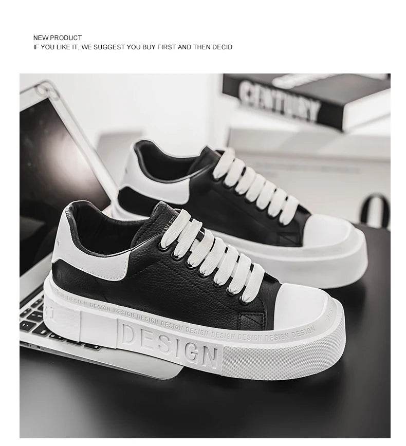 Fashion Design Men's Skateboard Shoes Comfortable Leather Low-cut Platform Sneakers Men Trend Black Casual Sports Shoes For Men - KICKSTART