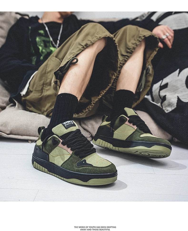 Trendy Streetwear Men's Skateboarding Shoes Designer Green Canvas Sneakers Men Platform Trainers Outdoor Skate Sneakers Sports - KICKSTART