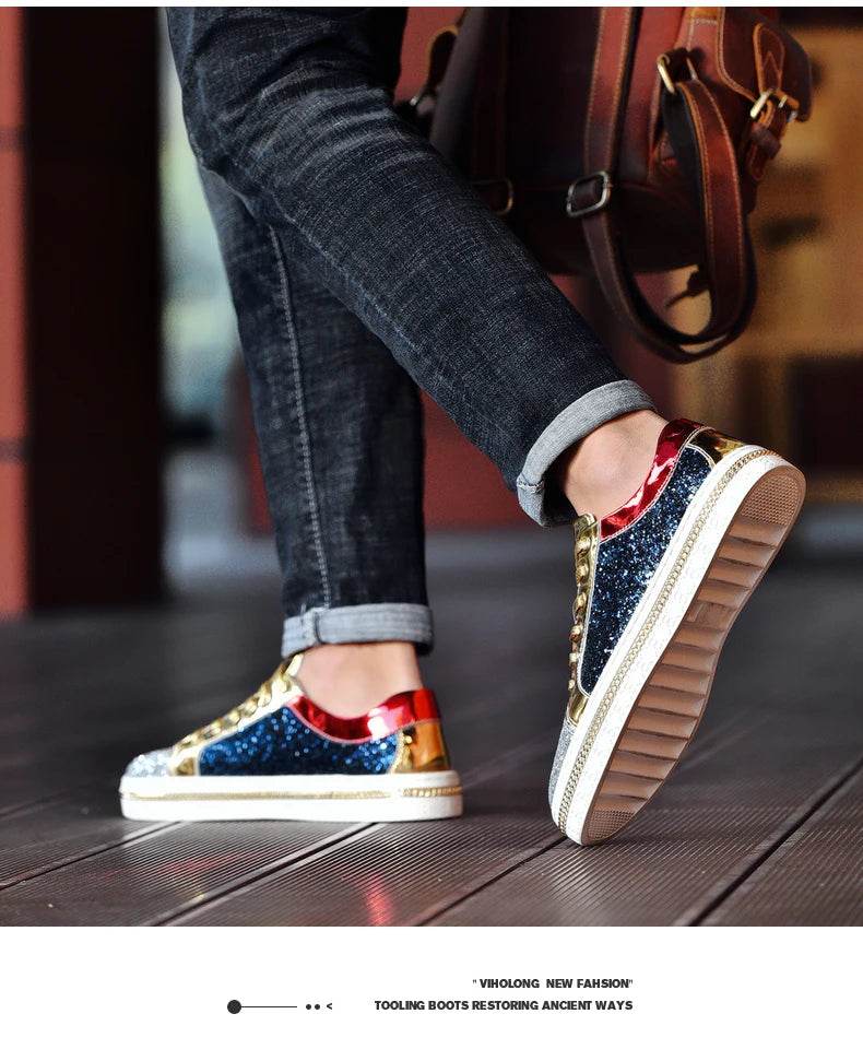 High-Quality Couples Luxury Sequined Shoes Trend Color Matching Low Skateboard Sneakers Man Comfortable Soft Shiny Shoes For Men - KICKSTART