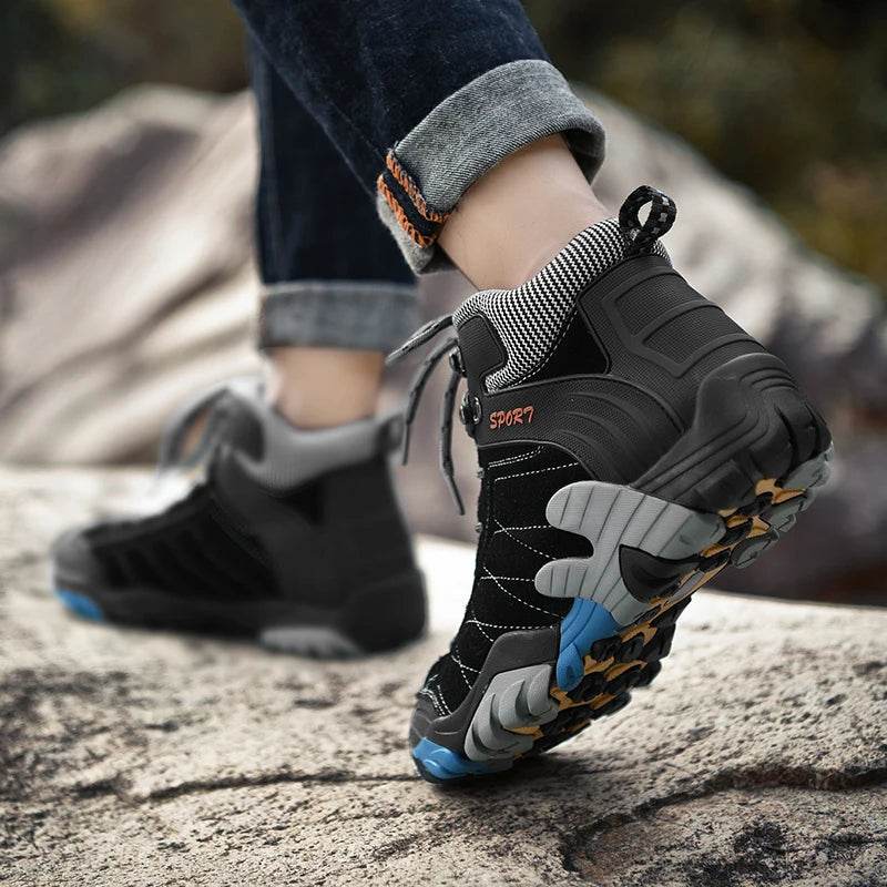 Black Genuine Leather Trekking Boots For Men Outdoor High Top Camping Hunting Boots Men Comfort Winter Warm Hiking Shoes Sneaker - KICKSTART