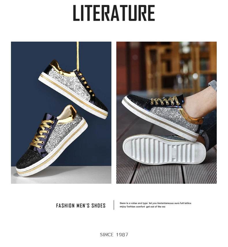 High-Quality Couples Luxury Sequined Shoes Trend Color Matching Low Skateboard Sneakers Man Comfortable Soft Shiny Shoes For Men - KICKSTART