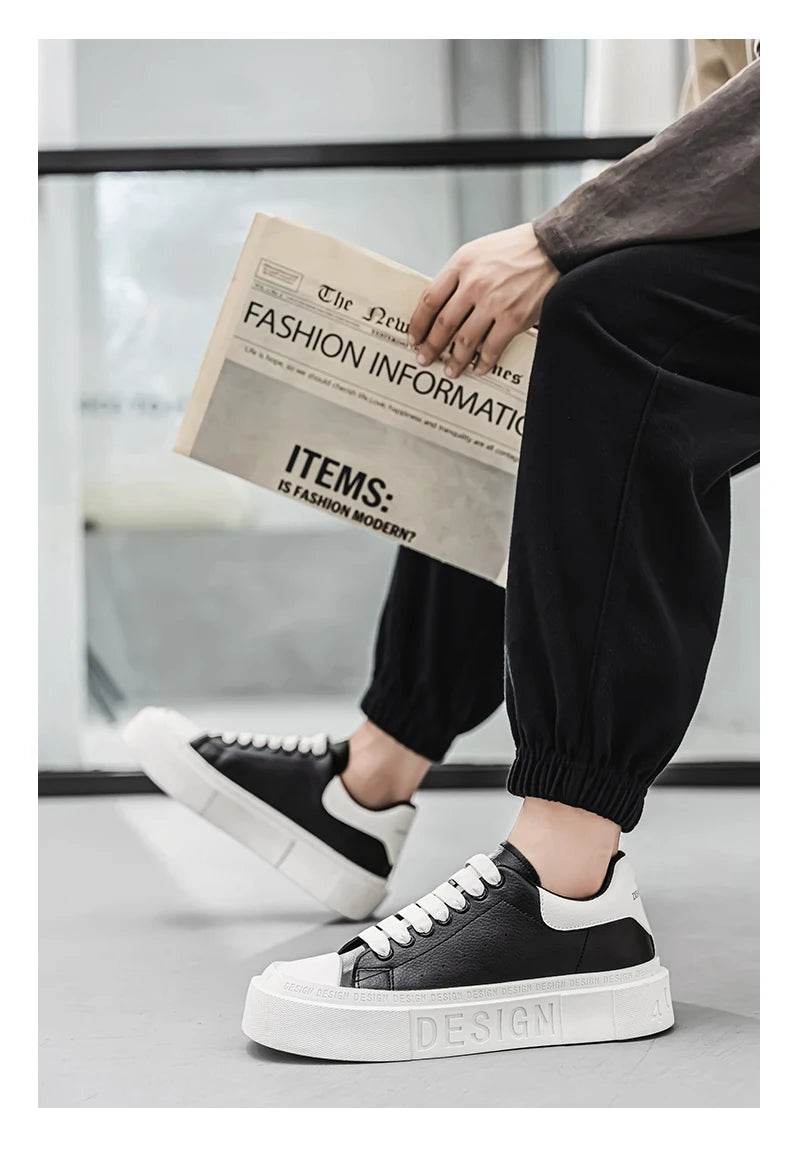 Fashion Design Men's Skateboard Shoes Comfortable Leather Low-cut Platform Sneakers Men Trend Black Casual Sports Shoes For Men - KICKSTART