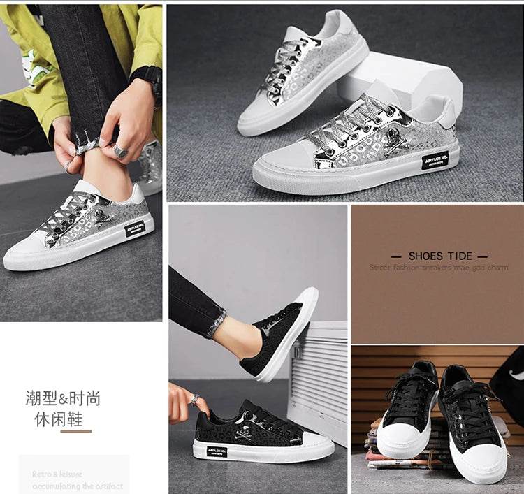 Hot Sale Fashion Skateboard Shoes Men Luxury Silver Sneakers Designer Skate Sneakers Men Flats Leather Casual Men Shoes 2023 - KICKSTART