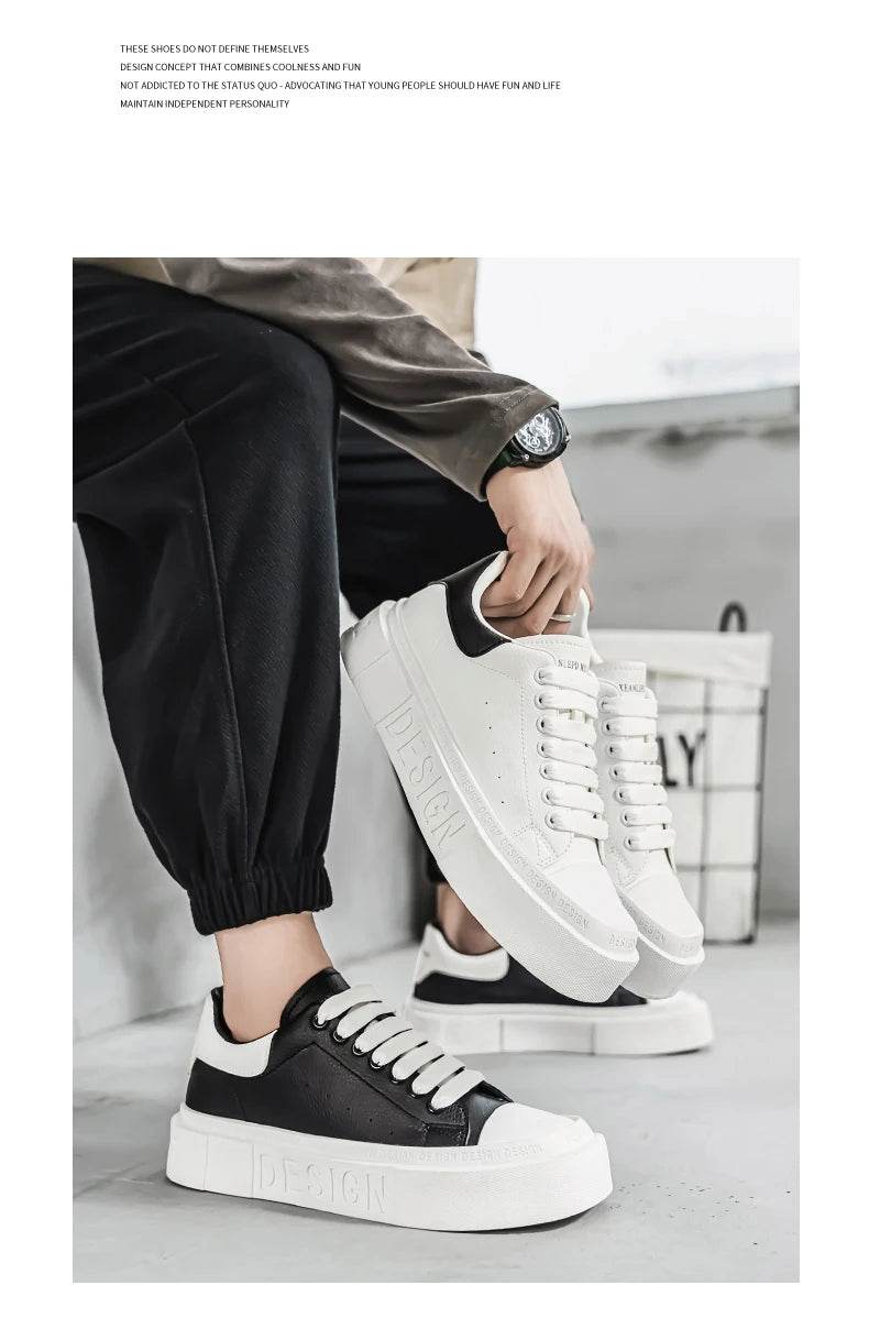 Fashion Design Men's Skateboard Shoes Comfortable Leather Low-cut Platform Sneakers Men Trend Black Casual Sports Shoes For Men - KICKSTART