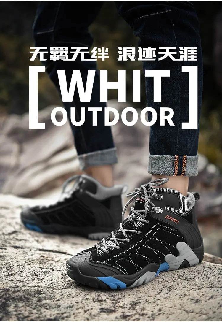 Black Genuine Leather Trekking Boots For Men Outdoor High Top Camping Hunting Boots Men Comfort Winter Warm Hiking Shoes Sneaker - KICKSTART