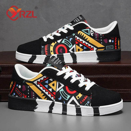 YRZL Men's Sports Running Shoes Canvas Geometric Style Lace-Up Sneakers Couples' Fashionable Graffiti Print Skate Shoes Men - KICKSTART