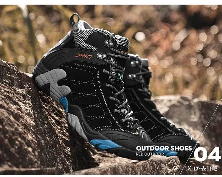 Black Genuine Leather Trekking Boots For Men Outdoor High Top Camping Hunting Boots Men Comfort Winter Warm Hiking Shoes Sneaker - KICKSTART