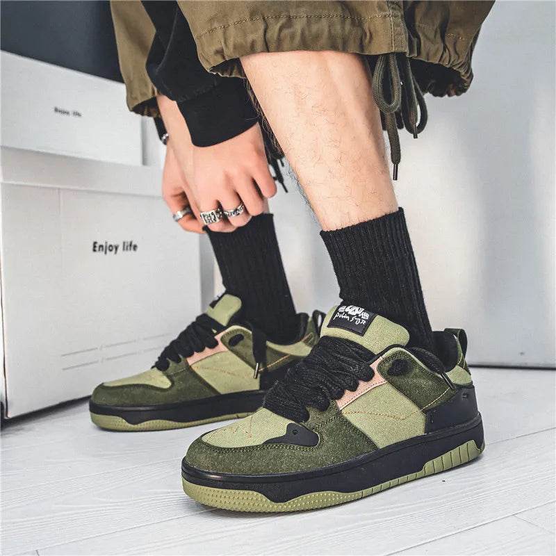 Trendy Streetwear Men's Skateboarding Shoes Designer Green Canvas Sneakers Men Platform Trainers Outdoor Skate Sneakers Sports - KICKSTART