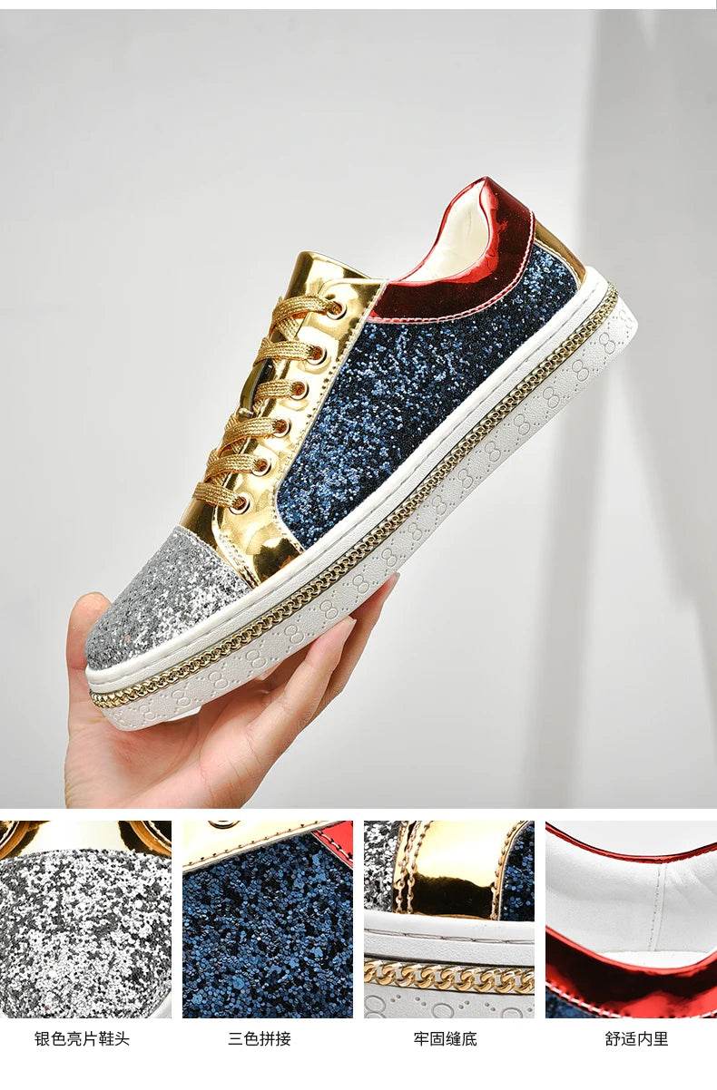 High-Quality Couples Luxury Sequined Shoes Trend Color Matching Low Skateboard Sneakers Man Comfortable Soft Shiny Shoes For Men - KICKSTART