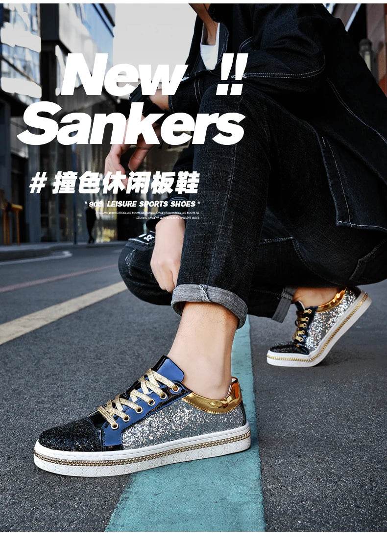 High-Quality Couples Luxury Sequined Shoes Trend Color Matching Low Skateboard Sneakers Man Comfortable Soft Shiny Shoes For Men - KICKSTART