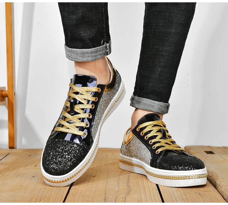 High-Quality Couples Luxury Sequined Shoes Trend Color Matching Low Skateboard Sneakers Man Comfortable Soft Shiny Shoes For Men - KICKSTART