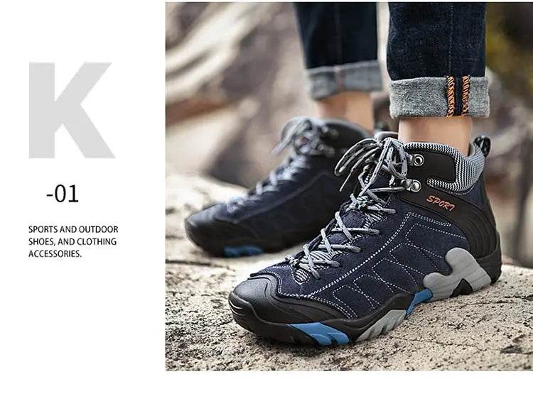 Black Genuine Leather Trekking Boots For Men Outdoor High Top Camping Hunting Boots Men Comfort Winter Warm Hiking Shoes Sneaker - KICKSTART