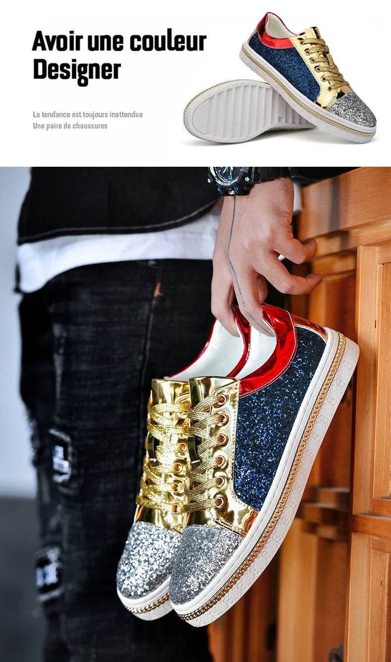 High-Quality Couples Luxury Sequined Shoes Trend Color Matching Low Skateboard Sneakers Man Comfortable Soft Shiny Shoes For Men - KICKSTART