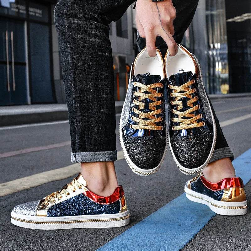 High-Quality Couples Luxury Sequined Shoes Trend Color Matching Low Skateboard Sneakers Man Comfortable Soft Shiny Shoes For Men - KICKSTART