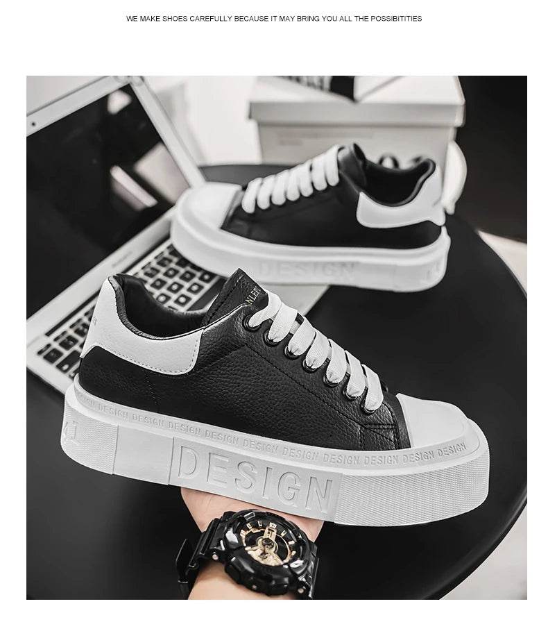 Fashion Design Men's Skateboard Shoes Comfortable Leather Low-cut Platform Sneakers Men Trend Black Casual Sports Shoes For Men - KICKSTART