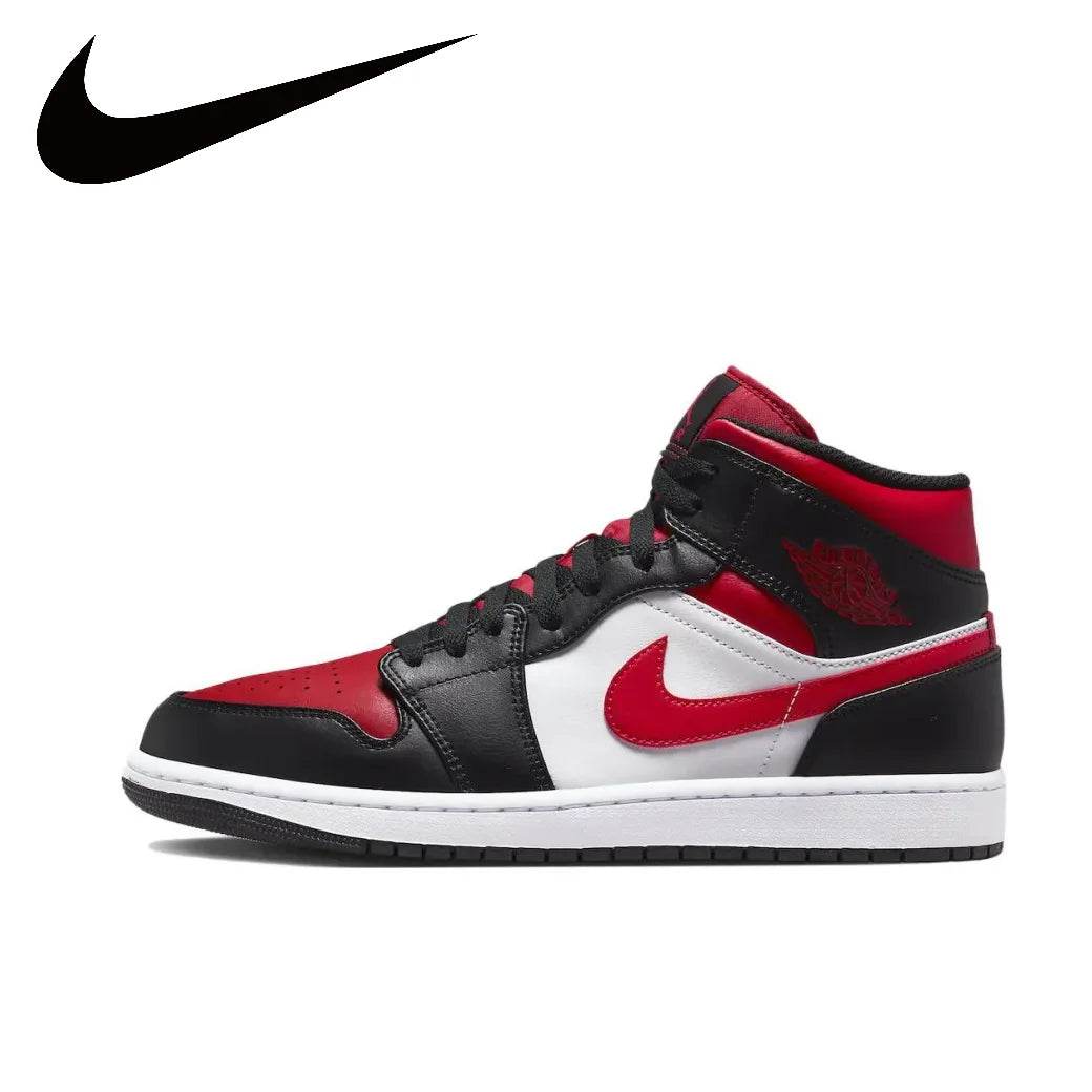 Nike Original Air Jordan 1 Mid Mens Retro Classic Basketball Sneakers Classic Black and Red Colorway - KICKSTART