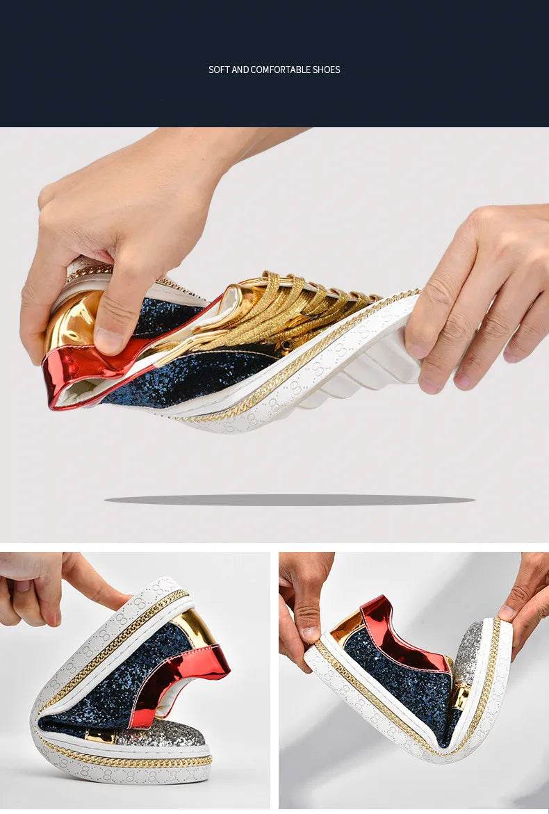 High-Quality Couples Luxury Sequined Shoes Trend Color Matching Low Skateboard Sneakers Man Comfortable Soft Shiny Shoes For Men - KICKSTART